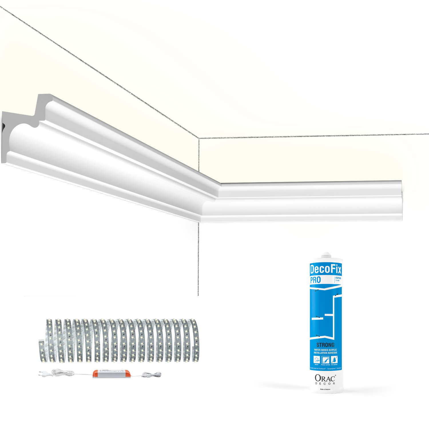 Pack 10 m corniche éclairage indirect + bandeaux LED C323 Orac Decor Paulmann