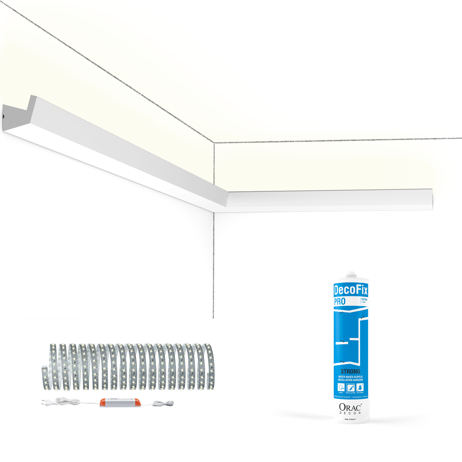 Pack 10 m Corniche éclairage indirect + Bandeau LED + Colle CX189 Orac / Paulman